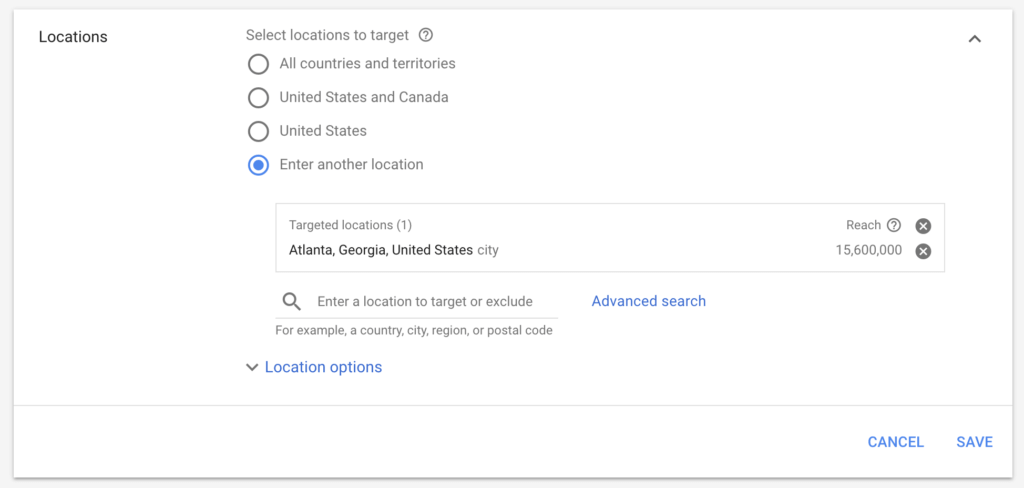 An image of city geographic targeting for Google Ads