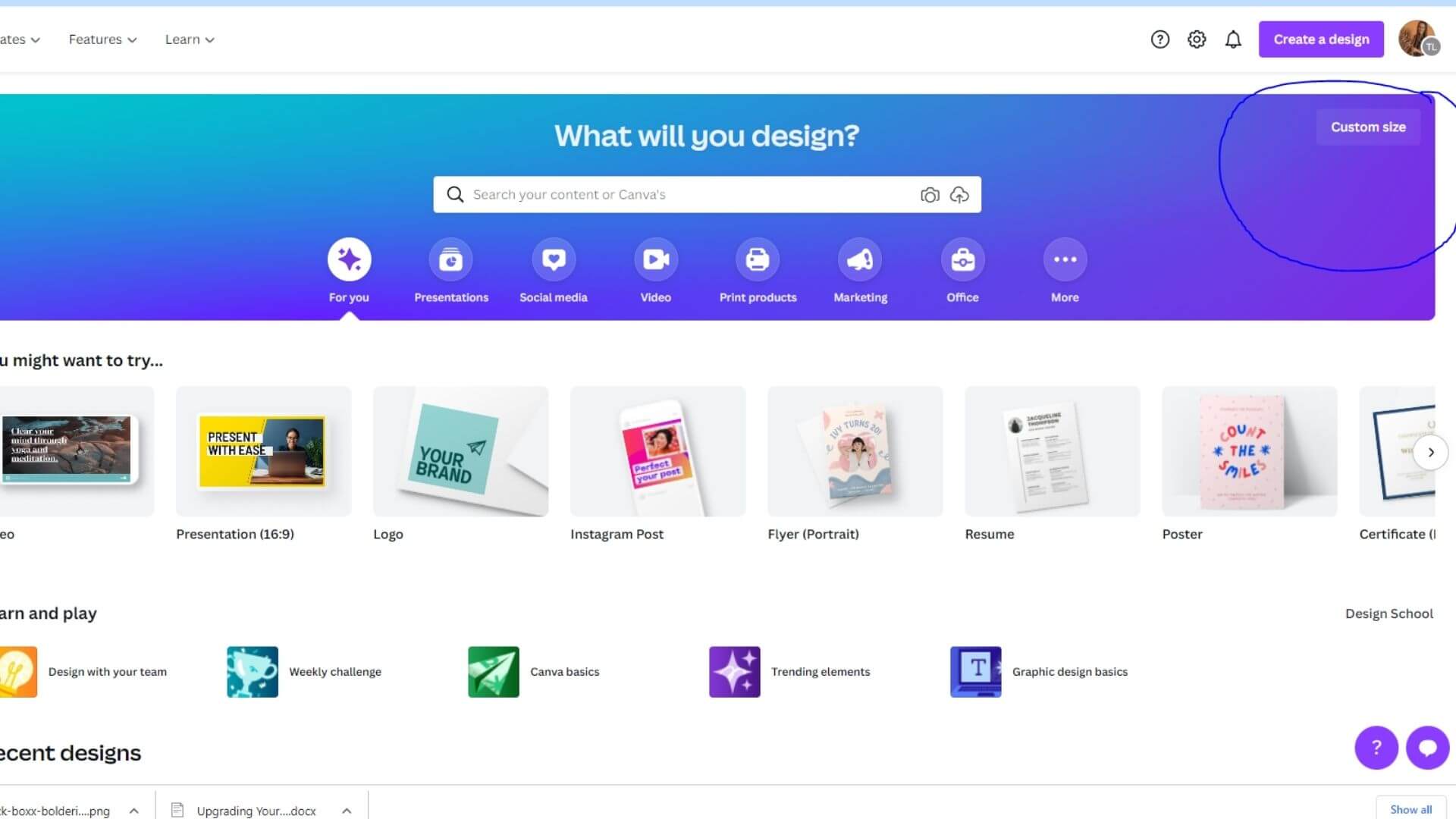custom size template in canva