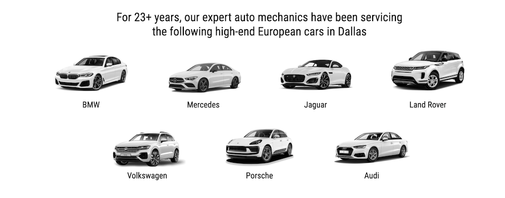 European car brands shown on marketing website of an auto repair shop