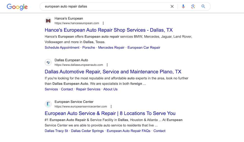 Google Local SEO screenshot of search results page for European auto repair shops in Dallas, TX