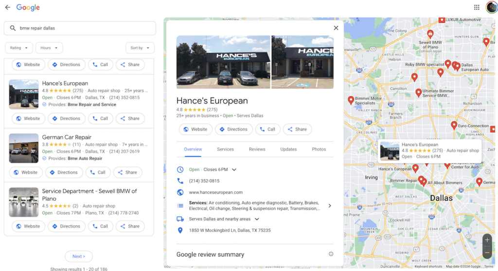 Google maps results for auto repair shop serving Euro and German vehicles