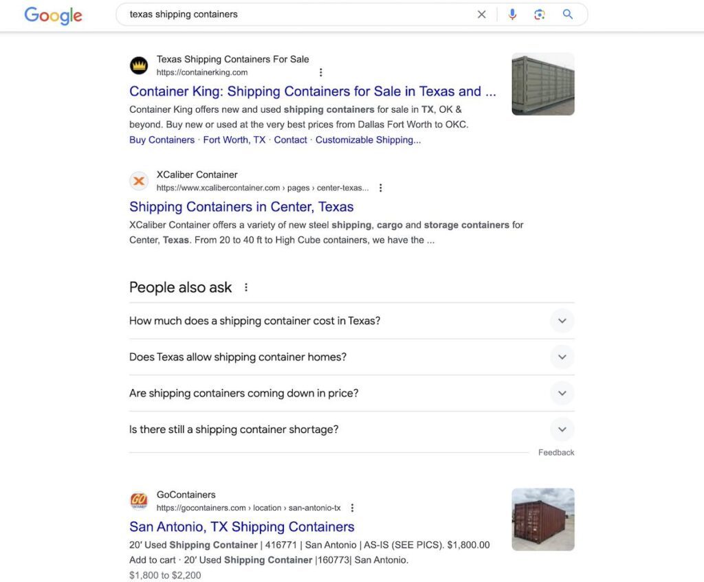 Google results for a shipping container search