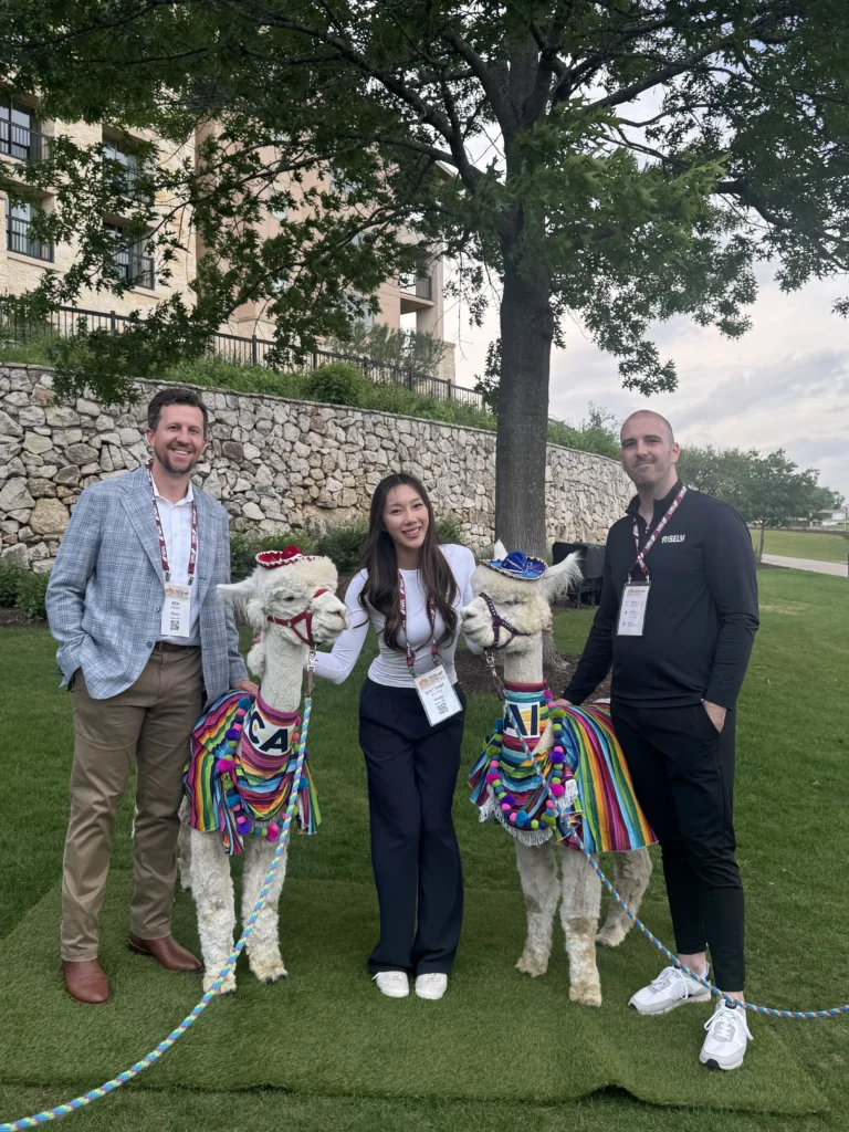 Three Risely team members posing outdoors with two decorated alpacas wearing colorful blankets and small sombreros at a conference networking event.